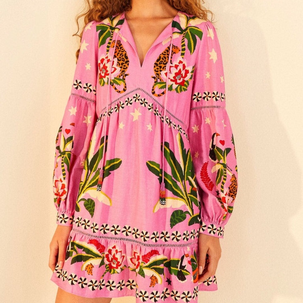 NEW FARM Rio Pink Leopard Forest Mini Dress Linen Blend Beaded Tassels Flowy XL - Picture 2 of 15